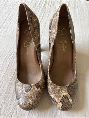 Jessica Simpson Snakeskin-Print Round Toe Pumps in Brown and Tan